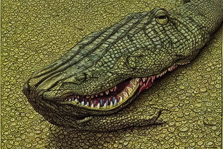 Image similar to a human alligator woman crocodile egg image from codex seraphinianus art by Luigi Serafini, highly detailed, digital painting, cinematic, hyper realism, dark retrowave