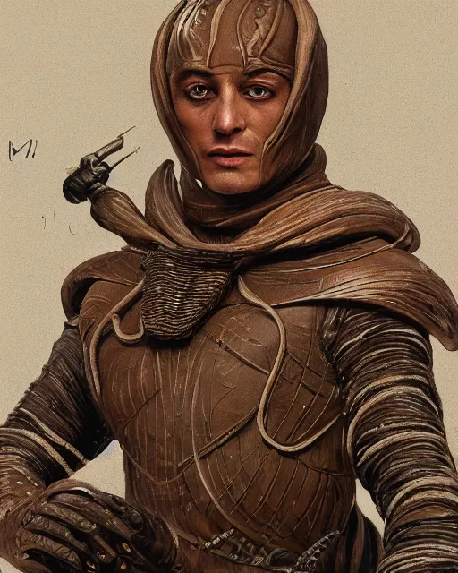 Prompt: highly detailed full body character portrait of a fremen warrior from dune in an earthen colored still suit with scifi tubes attached on the orgabic shape of the costume, concept painting with detailed face by J. C. Leyendecker and Edmund Blair and Yuriy Mazurkin and Eppo Doeve, octane render, 8k, high quality, award winning masterpiece, HDR,