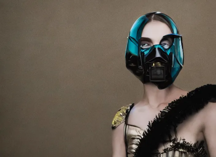 Prompt: a film still of a girl wearing black scarf and crystal wormhole turquoise vibrational radio vhs color rays helmet mask in porcelain sand dunes feature in vogue and gq editorial fashion photography beautiful eyes, close up shot, haute couture dresses in givenchy and salvatore ferragamo, cannon ef 1 0 5 mm f / 2. 8 in the grand budapest hotel