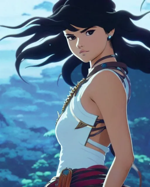 Image similar to selena gomez as an azctec warrior, detailed perfect face, exquisite details, fire magic, mid view, design on a white background, by studio muti, greg rutkowski makoto shinkai takashi takeuchi studio ghibli