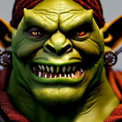 Image similar to An orc smiling into the camera, head-to-shoulder, leering, ugly, artstation, realistic, highly detailed, bokeh, by Alex Flores, by Laurel D Austin, by Dave Rapoza