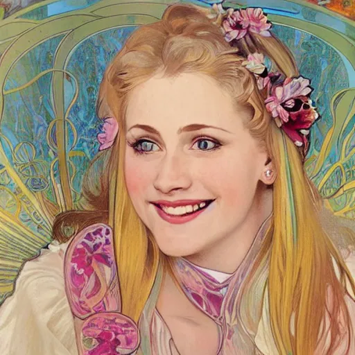 Image similar to realistic portrait of a blonde, happy, laughing, beautiful, danish scrum master. she is looking a you with loving, calm eyes. the background is colorful and inspired by alphonse mucha. hd