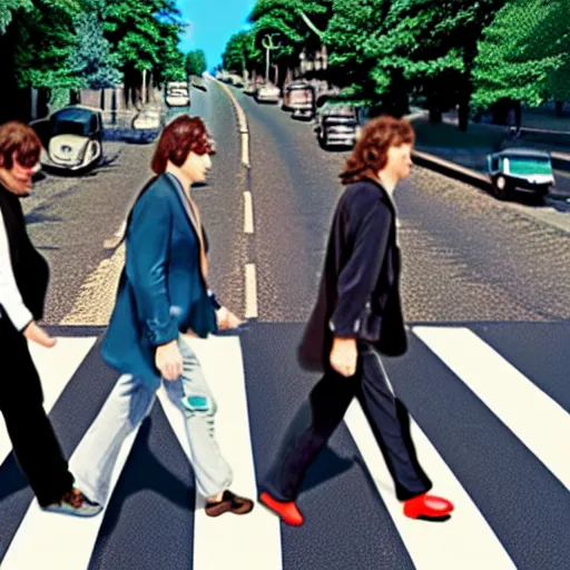 Image similar to 4 men walking on crosswalk on abbey road, city, 8 k.