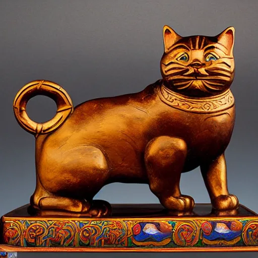 Prompt: masterpiece cloisonne cat sculpture, by annie swynnerton and diego rivera and nicholas roerich and jean delville and charlie bowater, symbolist, dramatic lighting, god rays, art brut, rich colors, smooth sharp focus, extremely detailed, adolf wolfli and ( donato giancola and bilibin )