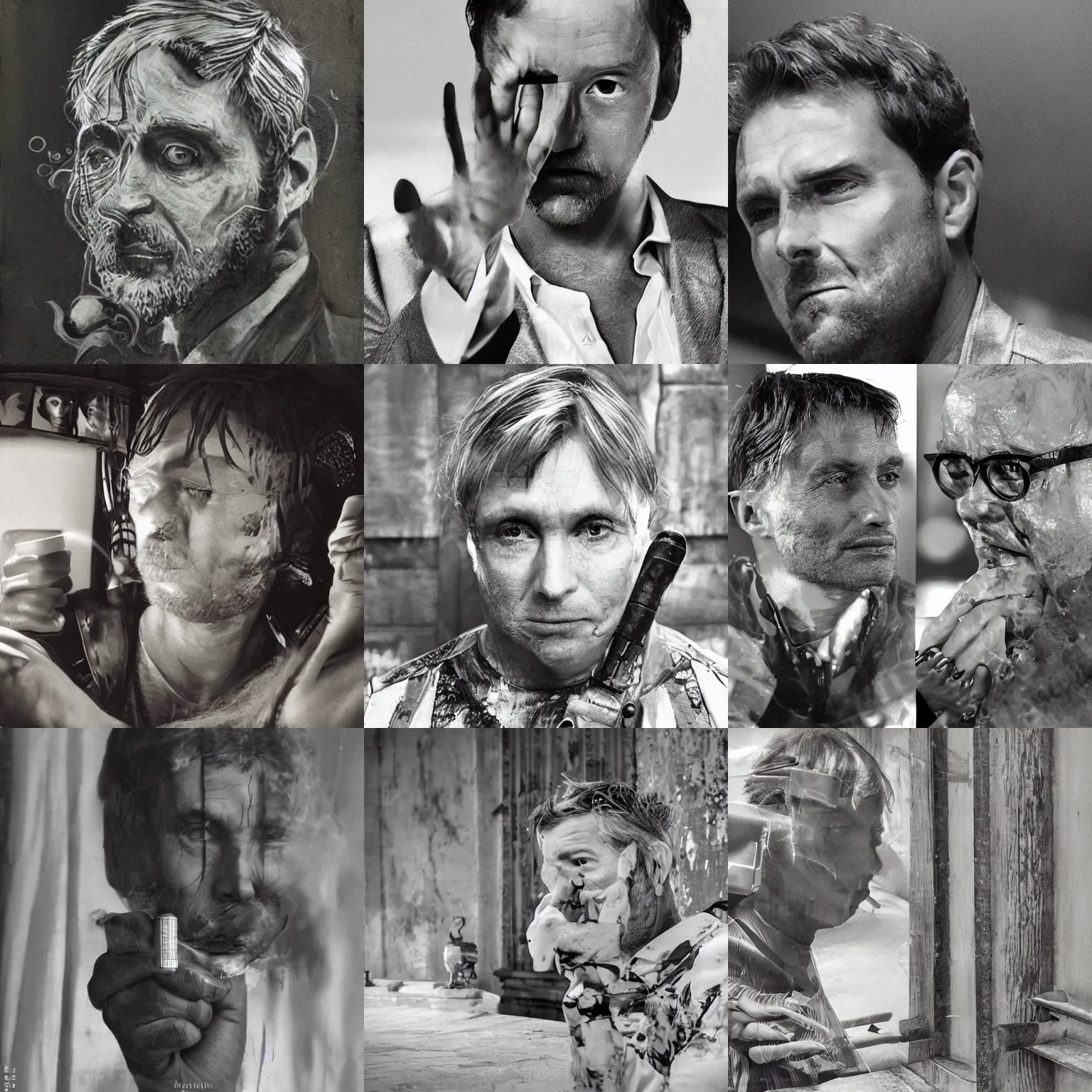 Image similar to Mads Mikkelsen smoking cigarette, dramatic, thoughtful, suspense, portrait black and white