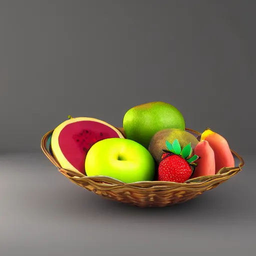 Prompt: a fruit basket on top of a kitchen table, 3D render