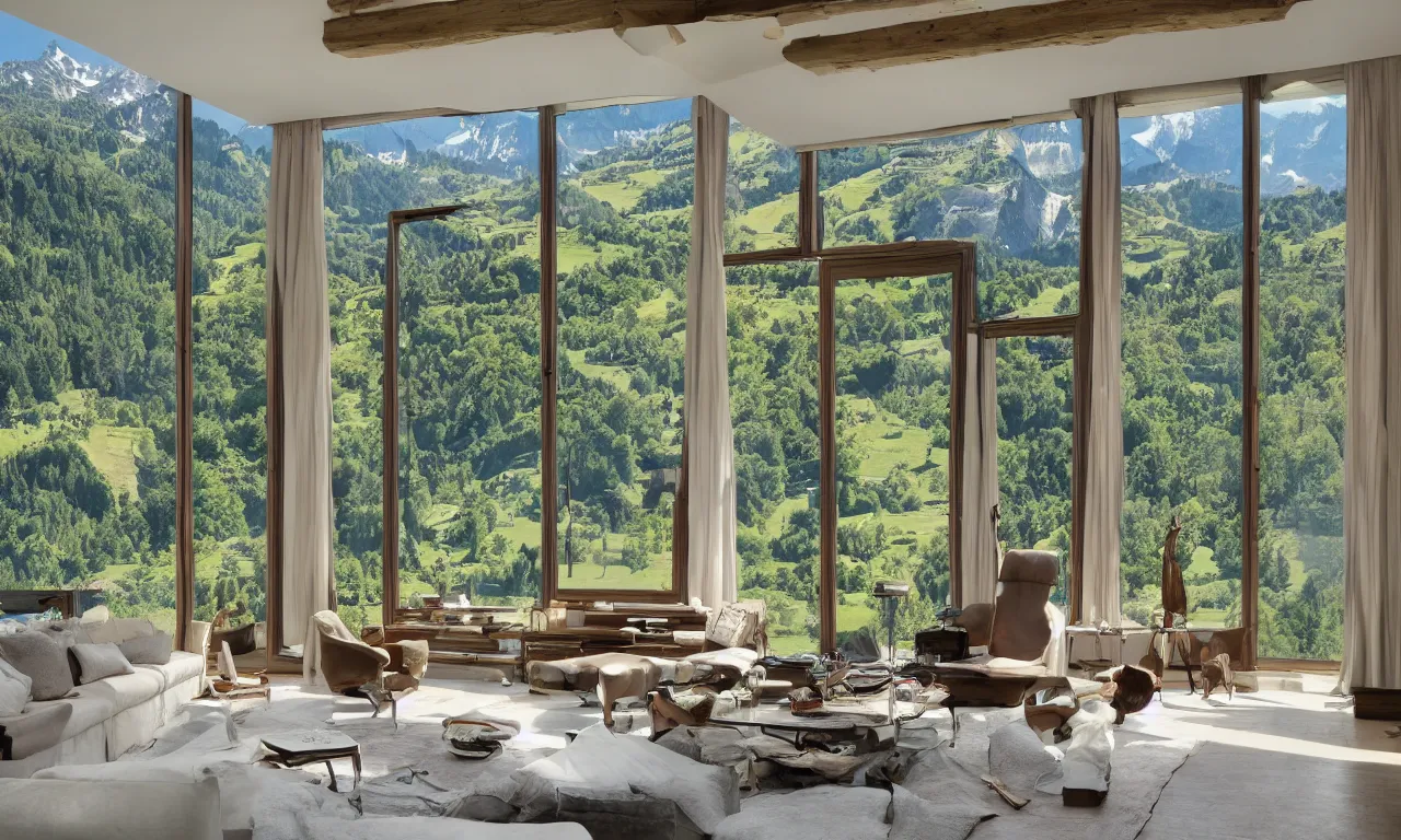 Image similar to fantastical living room with switzerland landscape in the window