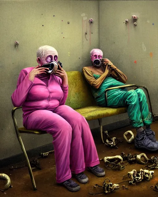 Prompt: Two frail old people wearing gas masks connected to their hearts, draped in silky gold, green and pink, inside an abandoned hospital room, they sit next to a pile of bones, the world is on fire, loss in despair, transhumanist speculative evolution, depth of field, in the style of Adrian Ghenie, Esao Andrews, Jenny Saville, (((Edward Hopper))), Maya Bloch, surrealism, dark art by Takato Yamamoto