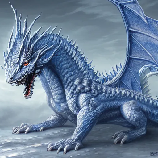 Image similar to a Blue eyed white dragon, epic background by Keith Thompson and Christopher Bretz, highly detailed, digital painting, HDRI, vivid colors, high contrast, 8k resolution, intricate, photorealistic, smooth