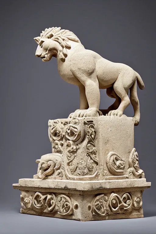 Image similar to ortographic view of a stone sculpture of a lion horse bird chimera sitting on a pedestal with intricate carvings and fine detail