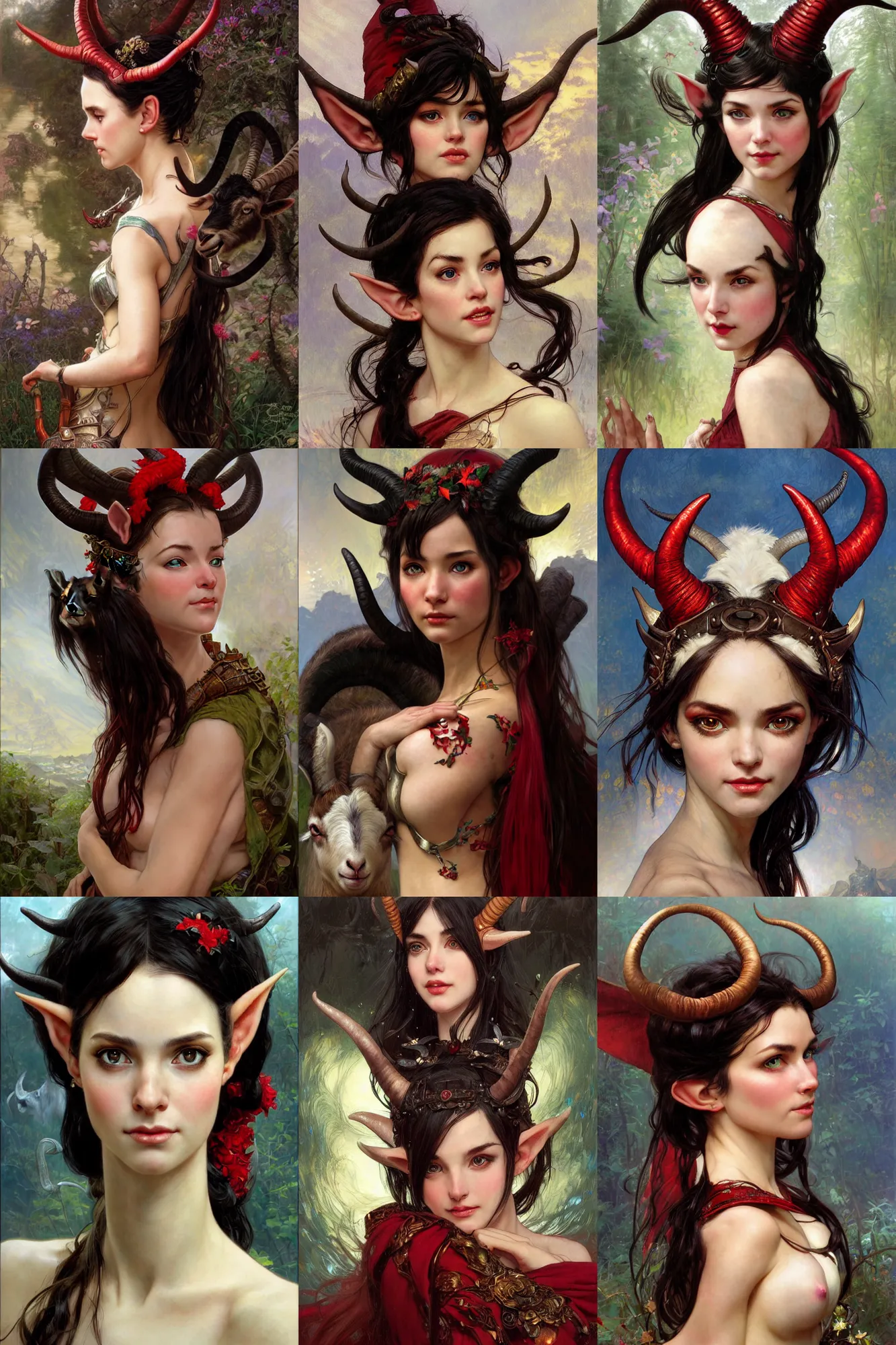 Prompt: closeup hyper-realistic portrait of beautiful high-fantasy elf girl (black hair and red eyes) with two goat-like horns coming out of her head, intricate details, by Stanley Artgerm Lau, by greg rutkowski, by thomas kindkade, by alphonse mucha, loish, by norman rockwell J.