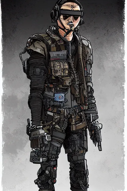 Image similar to Dangerous Hiro. buff Japanese cyberpunk mercenary wearing a cyberpunk tactical headset and military vest. square face. Realistic Proportions. Concept art by James Gurney and Laurie Greasley. Moody Industrial skyline. ArtstationHQ. Creative character design for cyberpunk 2077.