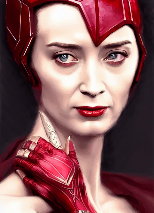 Image similar to portrait of emily blunt as scarlet witch, jewelry, greek, ruby, victorian age, 1 8 9 0, intricate, headshot, key visual, conceptart, ambient lighting, highly detailed, digital painting, artstation, concept art, sharp focus, by makoto shinkai and akihiko yoshida and greg manchess