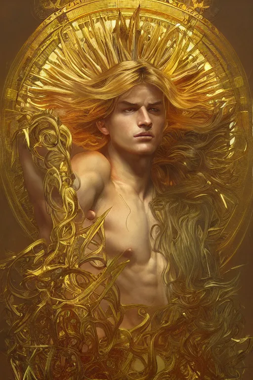 Prompt: young male god of sun, gold hair, gold eyes, tanned skin, fantasy, intricate, highly detailed, digital painting, artstation, concept art, smooth, sharp focus, art by art by Artem Demura and Alphonse Mucha, ArtGerm, valentina remenar, ruan jia