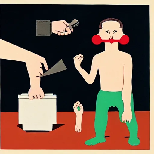 Image similar to a masterpiece illustration of a man cutting his own hand, by joan cornella, unsettling, surreal humor and black humor,