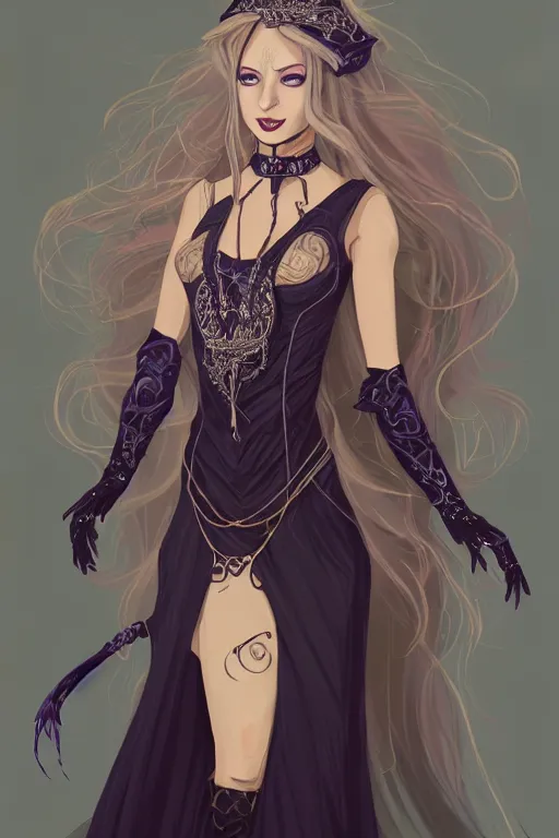 Prompt: a full body portrait of a gorgeous female sorceress, looking at camera, D&D, choker on neck, stylish dress with arcane symbols, very long flowing hair, intricate, elegant, stylish, cute slightly nerdy smile, mouth slightly open, fantasy, extremely detailed, digital painting, artstation, concept art, smooth, sharp focus, illustration, stunning lighting, art by artgerm and greg rutkowski and alphonse mucha and simon stalenhag