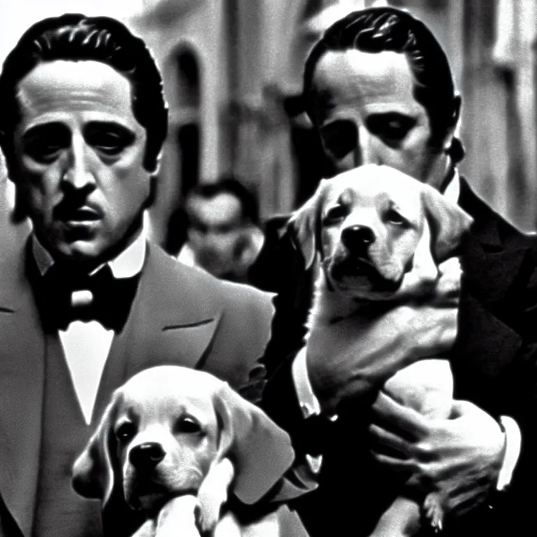 Image similar to cinescreen from the godfather, holding a dog, cinematic scene screen cap, realistic, film grain