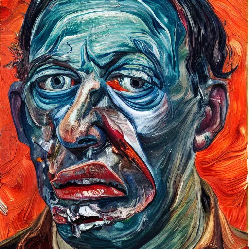 Image similar to high quality high detail expressionist painting of a man in agony by lucian freud and jenny saville and francis bacon, hd, anxiety, turquoise and orange