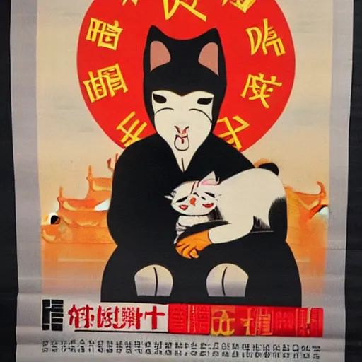 Prompt: chinese propaganda poster with a cat as the centerpiece