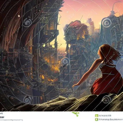 Image similar to a girl looks over a city at sunset, the city is a sprawling medieval city that is built amidst decaying brutalist alien architecture and overgrown by the rainforest, rpg, hubert robert, cityscape, vista, dying earth