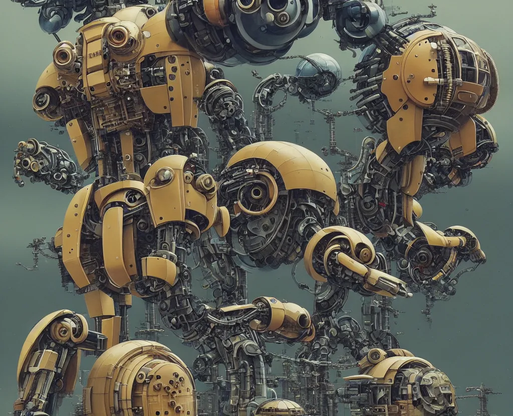 Prompt: collection of exploration, katsuhiro otomo, robot arms, props, hard surface, panel, simon stalenhag, kitbash, items, big medium small, close up shot, futuristic, parts, machinery, greebles, insanely detailed, case, hardware, golden ratio, wes anderson color scheme, in watercolor gouache detailed paintings, sleek design