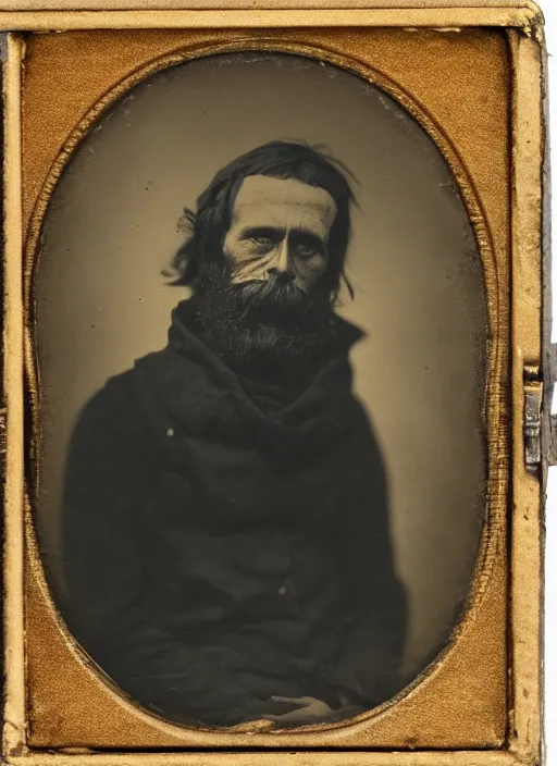 Prompt: Daguerreotype of a homeless man in shaggy clothes, classical portrait