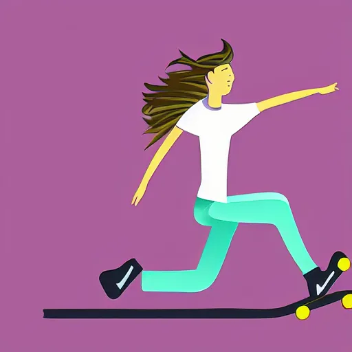 Image similar to stylized illustration of a girl ridin a skateboard with one leg up and the other on the deck going fast, side view