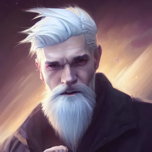 Prompt: portrait of a man with stylish white hair,an unusual beard and yellow eyes,character design by charlie bowater, ross tran, artgerm, and makoto shinkai, detailed, inked, western comic book art, 2021 award winning painting,digital art,art by greg rutkowski,photorealistic,highly detailed,hyperdetailed,hyperrealistoc,detailed face,surreal,fantasy,real life,cg society