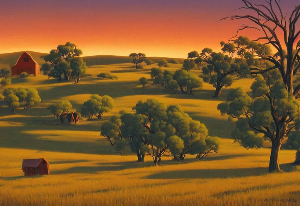 Prompt: a landscape painting of an old farm house in the dusty australian outback, old wooden fencing, painting by kenton nelson, dusk light, nice sunset