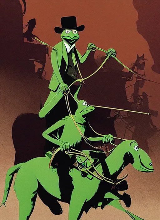 Prompt: poster artwork by Michael Whelan and Tomer Hanuka, of Kermit the Frog riding a horse, from scene from Django Unchained, clean