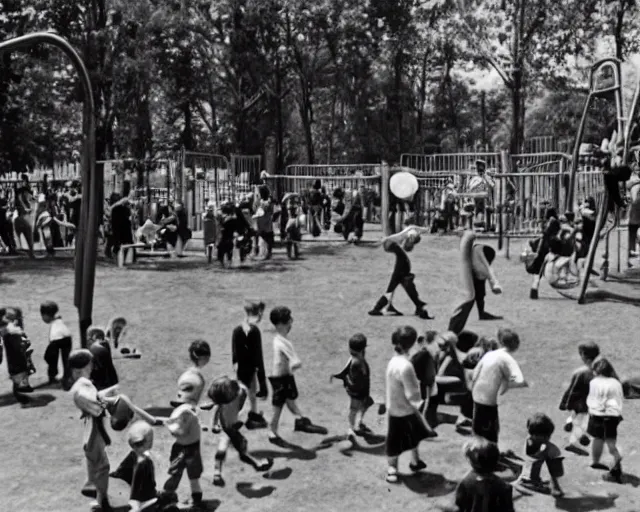 Image similar to an old photo of a crowded playground from the 1 9 5 0 s with slenderman in the background