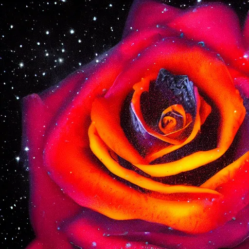 Prompt: award - winning macro of a beautiful black rose made of molten magma and nebulae on black background by harold davis, highly detailed, hyper - realistic, inner glow, trending on deviantart, artstation and flickr, nasa space photography, national geographic