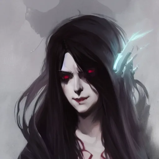 Image similar to female human vampire witch in the style of greg rutkowski, makoto shinkai, trending on artstation, character design, concept art, pretty face, highly detailed, long black hair, portrait, digital art