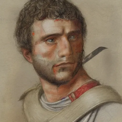 Image similar to self portrait, roman man with battle scar on his chest holding his sword on his shoulder, pencil art, detailed, handsome, colored, bloody