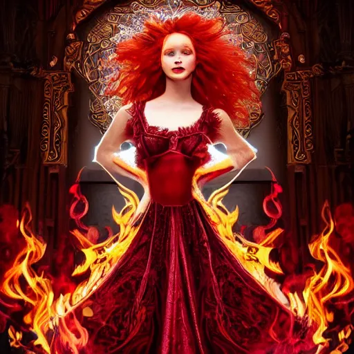 Prompt: Redhead Fire Priestess, wild hair, in a beautiful flowing red dress surrounded by flames, clothes, intricate hellish decoration on the dress, on the background of an ancient cathedral, Designer clothes, vouge photo, fashion style, fullbody, in full growth, intricate, elegant, highly detailed, artstation, concept art, smooth, sharp focus, illustration, art by greg rutkowski and orientalism and bouguereau and Zdzislaw Beksinski, good clear quality, lighting, biology, symmetrical artwork, perfect face, 135 mm, cinematic, hyper realism, high detail, octane render, 8k, chrome accents