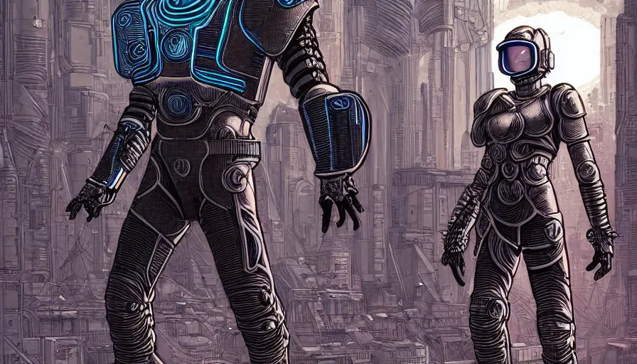 Prompt: full body portrait, a gladiator in space armor in the arena, cyberpunk, biomechanics, hyperrealism, detailed and intricate environment, art by laurie greasley