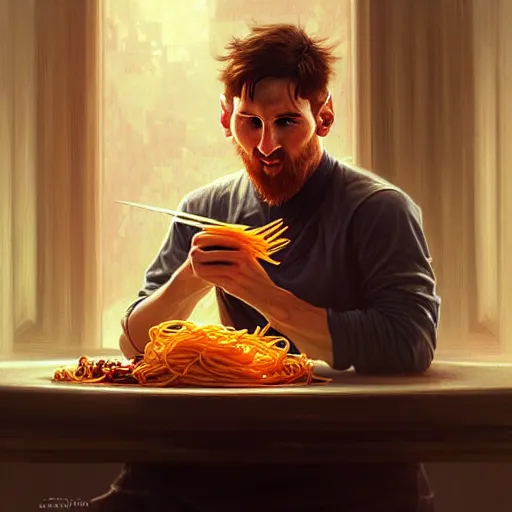 Image similar to Messi eating spaghetti, upclose, D&D, fantasy, intricate, elegant, highly detailed, digital painting, artstation, concept art, matte, sharp focus, illustration, art by Artgerm and Greg Rutkowski and Alphonse Mucha