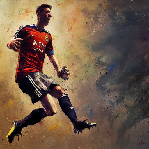 Image similar to A realistic hyperdetailed multi-colored digital oil full body portrait painting of a fat goal keeper jumping saving a shot, black jersey, short hair, in the style of Guy Denning, Ruan Jia, and Craig Mullins. Trending on ArtStation and DeviantArt. CGSociety Digital art.