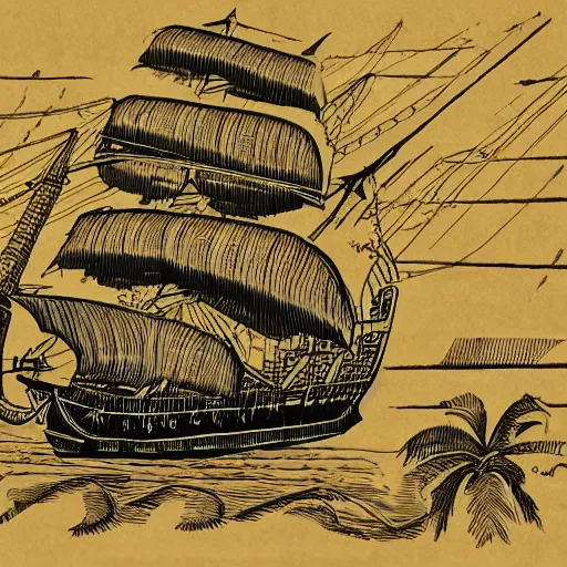 Image similar to detailed golden age illustration of a pirate ship on the ocean