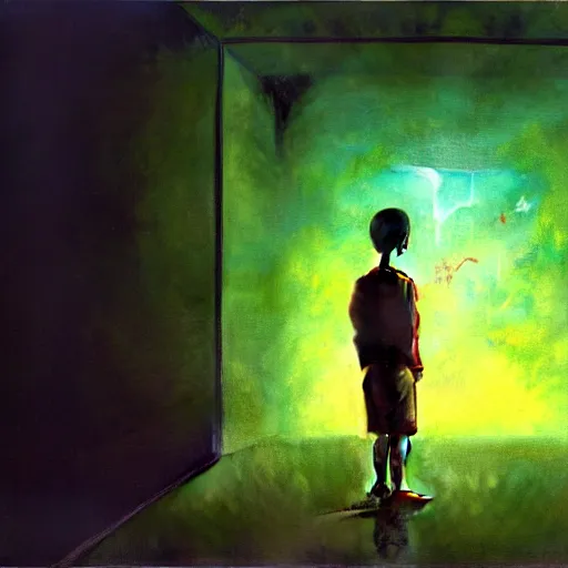 Image similar to 8k professional photo of an 8 years old enlightened and scared boy standing in front of an old computer from 90s with a game doom2 at the monitor screen in a vr vaporwave space, Beksinski impasto painting, part by Adrian Ghenie and Gerhard Richter. art by Takato Yamamoto, masterpiece. still from a movie by Gaspar Noe and James Cameron