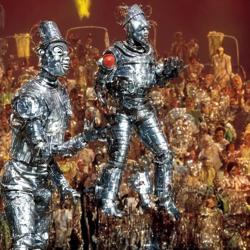 Image similar to a still from the movie the wiz the movie, futuristic cyborg tin man, happy singing & dancing, 4 k, highly detailed, award winning, look at all that detail!