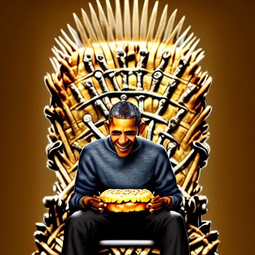 Prompt: barrack obama eating a cheese burger sitting on the iron throne, concept art, intricate, highly detailed, 8 k, trending on artstation, art greg rutkowski, by jordan grimmer
