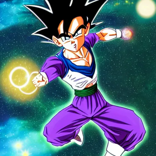 gohan from dragon ball z flying through galaxy, black