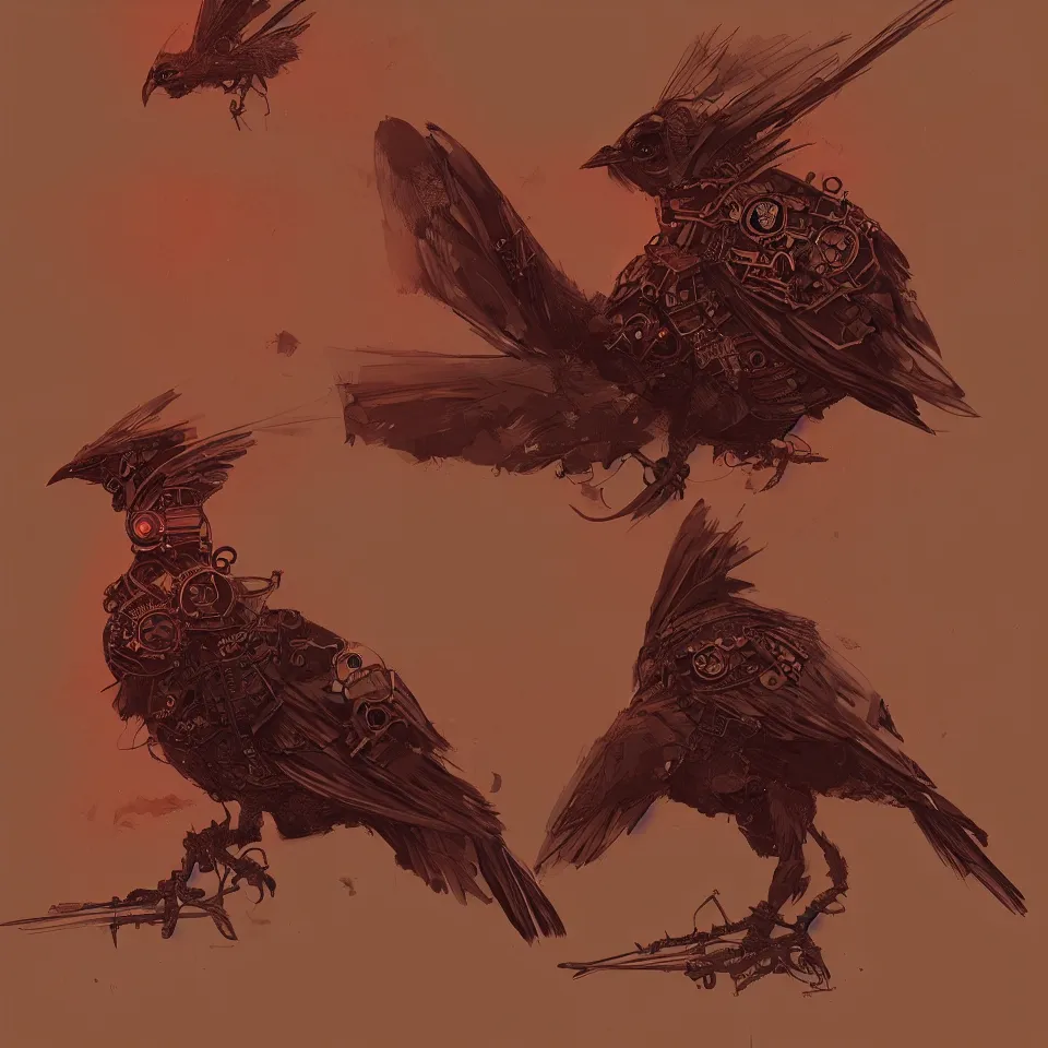 Prompt: a detailed concept art of a steampunk bird by miguel nogueira, gradient dark red, dynamic lighting, cinematic, epic composition, masterpiece