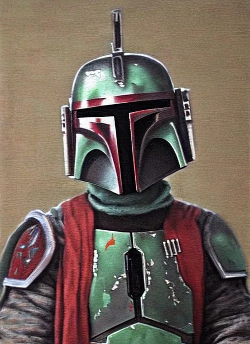 Image similar to boba fett ( mandalorian from star wars ) in a samurai japanese version, very detailed oil painting, dark and realistic, japanese art art