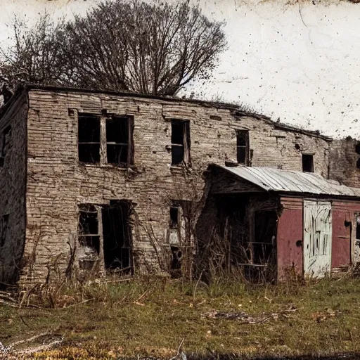 Prompt: a decaying georgian farmhouse. two men in frock coats stand outside.