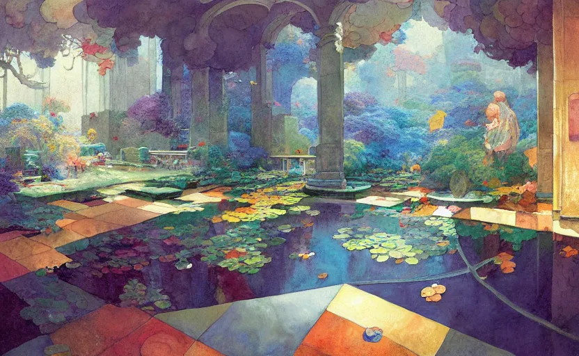 Prompt: tiled room with square pond, fantasy. intricate, amazing composition, colorful watercolor, by ruan jia, by maxfield parrish, by marc simonetti, by hikari shimoda, by robert hubert, by zhang kechun, illustration, gloomy