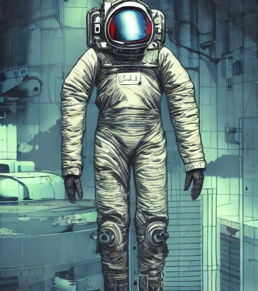 Image similar to realistic cyberpunk engineer with long limbs and a black spacesuit on a spacewalk, techwear, dead space, visible face, Industrial Scifi, detailed illustration, character portrait, by Ashley Wood and Moebius