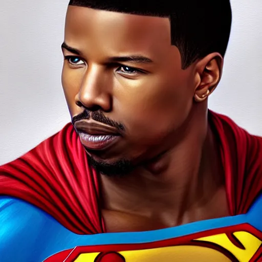 Image similar to michael b jordan as superman, digital painting, extremely detailed, 4 k, intricate, brush strokes, mark arian, artgerm, bastien lecouffe - deharme