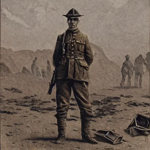 Image similar to ultra detailed photorealistic sepia - toned photograph from 1 9 1 7, a british officer in field gear standing at an archaeological dig site in wadi rum, ultra realistic, painted, intricate details, lovecraft, atmospheric, dark, horror, brooding, highly detailed, by angus mcbride